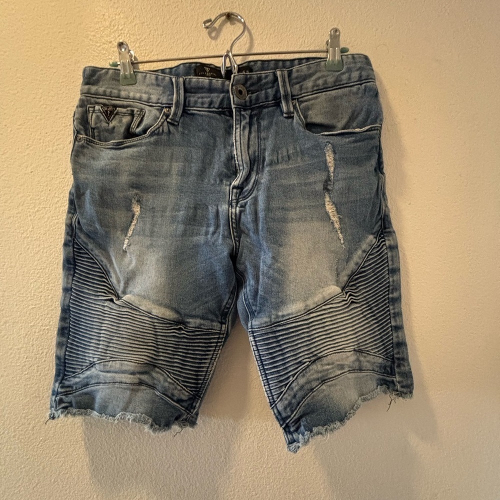 Guess Blue Distressed Jean Shorts with Moto Style